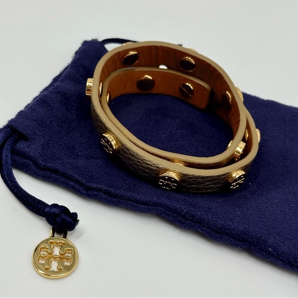 Tory Burch Miller Double Wrap Gold Logo on Gold Leather Bracelet - Picture 4 of 6